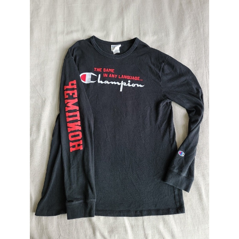 Champion‎ Long Sleeve Shirt Mens Large Black Reverse Weave Cyrillic Graphic Tee